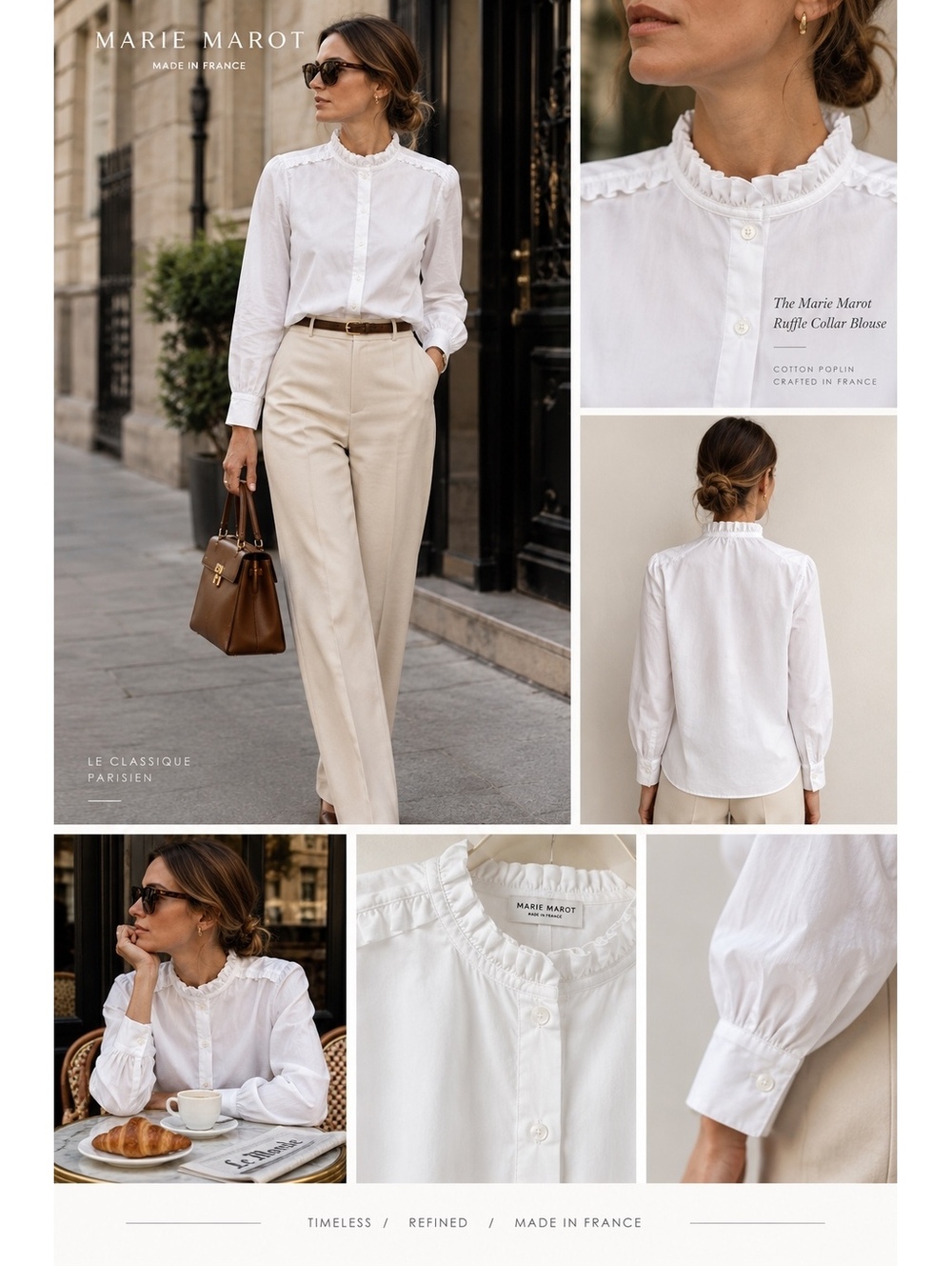 Marie Marot White Ruffle Collar Blouse Made in France Parisian Small Fitted Med